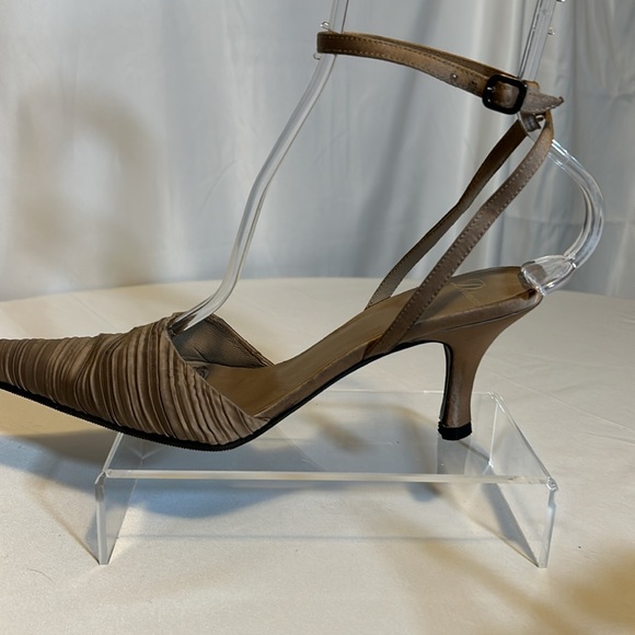 Delman taupe satin 3" ankle strap heels - Picture 2 of 3